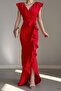 Red Double-breasted Collar Flounced Slit Detail Scuba Fabric Fishnet Evening Dress - 2
