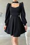 Black Chain Detail Window Collar Imported Crepe Fabric Long Sleeve Dress - 6