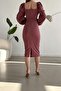 Dried Rose Princess Sleeve Slit Detailed Heart Collar Midi Dress - 5