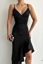 Black slim strap skirt asymmetrical flounce scuba fabric evening dress - 2