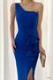 Cobalt Blue One Shoulder Imported Crepe Fabric Flounced Evening Dress - 2