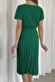 Green Crepe Fabric Pleated Dress - 5
