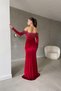 Red Madonna Collar Stone Detail Long Sleeve Maxi Length Velvet Fabric Dress - 5