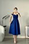 Cobalt Blue Scuba Fabric Madonna Collar Belted Dress - 6