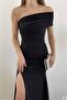 Black Crepe Fabric Strapless One-Shoulder Gather and Slit Detail Maxi Length Dress - 3