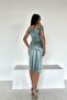 Mint Satin Fabric Boat Neck Slit Detail Midi Dress - 6