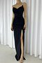 Black Scuba Fabric Strap Stone Detail Slim Strap Slit Evening Dress
