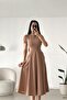 Taupe Short Sleeve Pocketed Long Crepe Dress