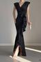 Black Double-breasted Collar Flounced Slit Detail Scuba Fabric Fishnet Evening Dress - 3