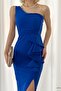 Cobalt Blue One Shoulder Imported Crepe Fabric Flounced Evening Dress - 3