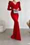 Red Shoulders Flounce Detail Long Sleeve Belted Maxi Length Imported Crepe Fabric Dress - 2