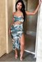 Green Digital Printed Jessica Fabric Hidden Zipper Waist and Slit Low-cut Midi Dress
