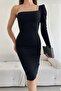 Black Single Sleeve Midi Length Crepe Fabric Dress - 4