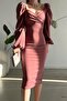 Dried Rose Princess Sleeve Slit Detailed Heart Collar Midi Dress - 4