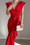 Red Double-breasted Collar Flounced Slit Detail Scuba Fabric Fishnet Evening Dress - 3