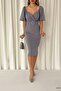 Gray Self-Belted Crepe Fabric Short Sleeve Dress - 2