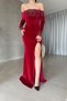 Red Madonna Collar Stone Detail Long Sleeve Maxi Length Velvet Fabric Dress - 6