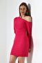 Fuchsia One Shoulder Open Detail Imported Crepe Fabric Long Sleeve Dress - 6