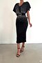 Black Scuba Fabric Stone Detail Belted Evening Dress - 2
