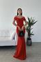 Red Crepe Fabric Short Sleeve Boat Neck Slit Detail Maxi Length Evening Dress - 3