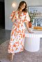 Orange Digital Printed Linen Fabric Lined Waist Gathered Midi Dress