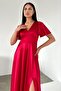 Red Back Detailed Maxi Length Short Sleeve Satin Dress - 2