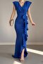 Cobalt Blue Double Breasted Collar Flounce Slit Detail Scuba Fabric Fishnet Evening Dress - 5