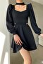 Black Chain Detail Window Collar Imported Crepe Fabric Long Sleeve Dress - 4