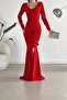 Red V-Neck Long Sleeve Slit Detail Imported Crepe Fabric Dress