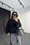 Black Soft Bearded Yarn Wide Sleeve Detailed Knitwear Sweater - 3
