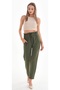 Khaki Elastic Waist High Waist Carrot Cut Stretch Crepe Trousers - 5