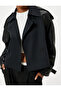 Crop Jacket with Double Breasted Collar, Faux Leather Detail, Buttoned Pockets, Balloon Sleeves - 5
