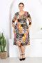 Women's Orange Purple Patchwork Pattern Three Quarter Sleeve V Neck Gathered Plus Size Stretchy Dress - 2