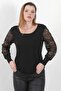 Black Pool Neck Lace Balloon Sleeve Casual Knitted Blouse - 2
