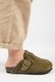 {Zeta 2 Fur) Women's Genuine Leather Belted Buckle Sabo Khaki Slippers - 2