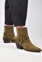 (Neus) Women's Genuine Leather Ring Belted Cowboy Special Tumbled Leather Khaki Boots