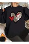 Women's New Year / New Year Santa Claus Heart Printed Crew Neck Oversize Sweatshirt