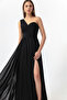Women's Black One-Shoulder Slit Long Evening Dress - 2