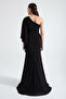 Women's Black One Shoulder Stone Detailed Long Evening Dress - 5
