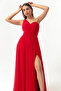 Women's Red One-Shoulder Slit Long Evening Dress - 2