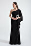 Women's Black One Shoulder Stone Detailed Long Evening Dress - 2