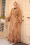 Patterned Camel Hijab Dress 19481C - 2