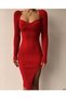 Women's Long Sleeve Heart Neck Skirt Side Slit Knitwear Dress Red - 2