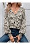V-Neck Small Floral Printed Long Sleeve Women's Blouse | Smocked Sleeve Detail | Chic Design - 3