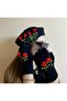 Black Handmade Red Floral Embroidered French Painter Beret and Fingered Gloves Set - Gift - 3