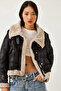 Women's Black Cream Collar Buckle Laminated Short Coat 2300 60261206