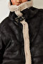 Women's Black Cream Collar Buckle Laminated Short Coat 2300 60261206 - 6