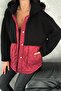 Women's Burgundy Snap Button Double Pocket Hooded Quilted Coat - 2