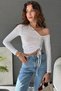 Women's One-Shoulder Open Shirring Detailed Long Sleeve Crop Blouse White - 2