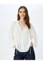 Laced Round Neck Long Sleeve Balloon Sleeve Viscose Blouse - 2